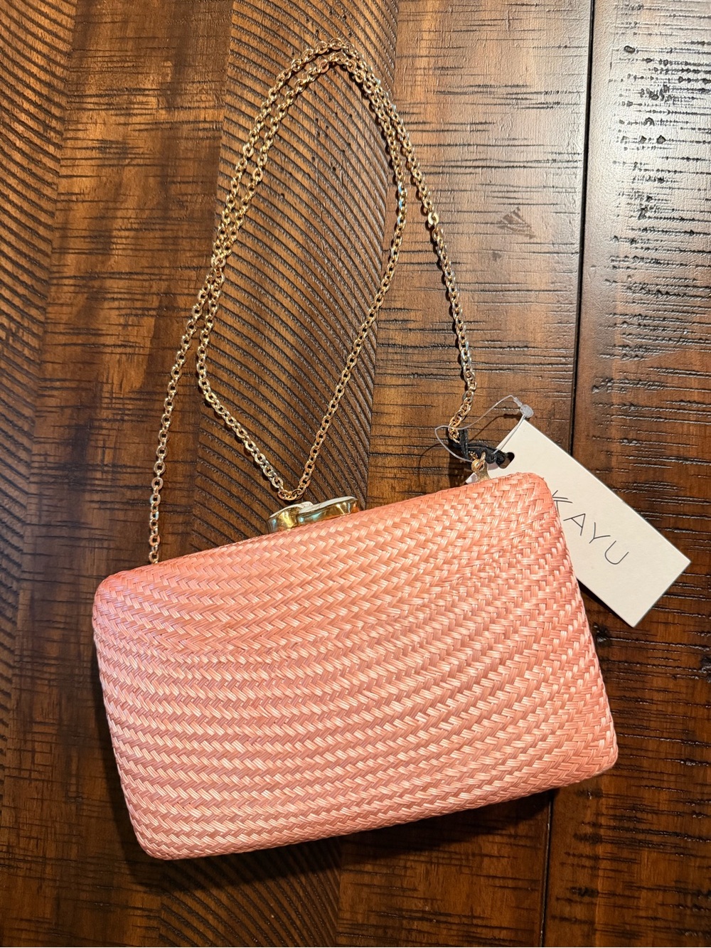 Kayu Pink Woven Clutch with Gold Chain Strap